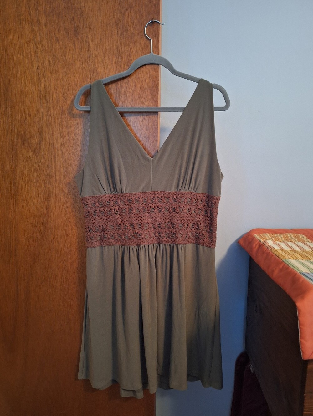 Final Price* Chadwick's Sleeveless Olive Dress with Brown Lace Detail Size 16